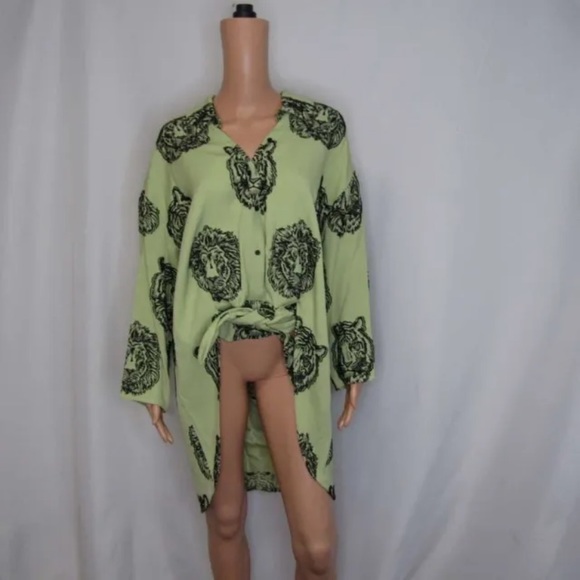 NWT Hellessy Tollin Tiger Graphic animal print Shirt tunic blouse Celadon black - Picture 3 of 16